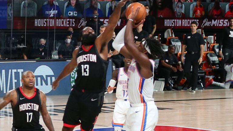 James Harden leaps to block Luguentz Dort&#39;s three-pointer in the final seconds of the Rockets&#39; Game 7 win over the Thunder
