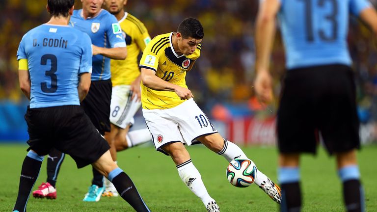 James Rodriguez scores a stunning goal for Colombia against Uruguay at the 2014 World Cup at Maracana on June 28, 2014 in Rio de Janeiro, Brazil.