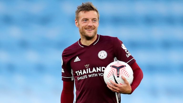 Jamie Vardy with the match ball at full-time