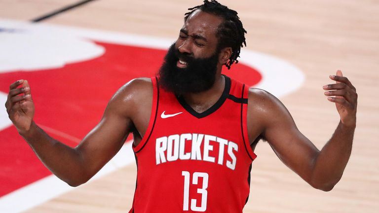 James Harden shows his frustration during the Houston Rockets&#39; Game 4 loss to the Los Angeles Lakers