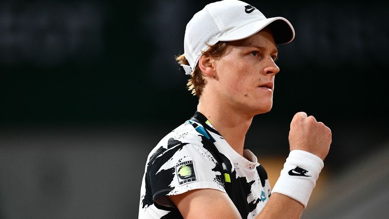 Italy's Jannik Sinner reacts during the men's singles first round tennis match against Belgium's David Goffin on Day 1 of The Roland Garros 2020 French Open tennis tournament in Paris on September 27, 2020.