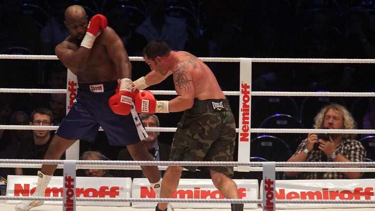 GELSENKIRCHEN, GERMANY - MAY 29:  Jonathan Banks of the United States lands a punch on Jason Gavern of the United States during their fight prior to the WBC Heavyweight World Championship fight between Vitali Klitschko of Ukraine and Albert Sosnowski of Poland at he Veltins Arena on May 29, 2010 in Gelsenkirchen, Germany. (Photo by Christof Koepsel/Bongarts/Getty Images).