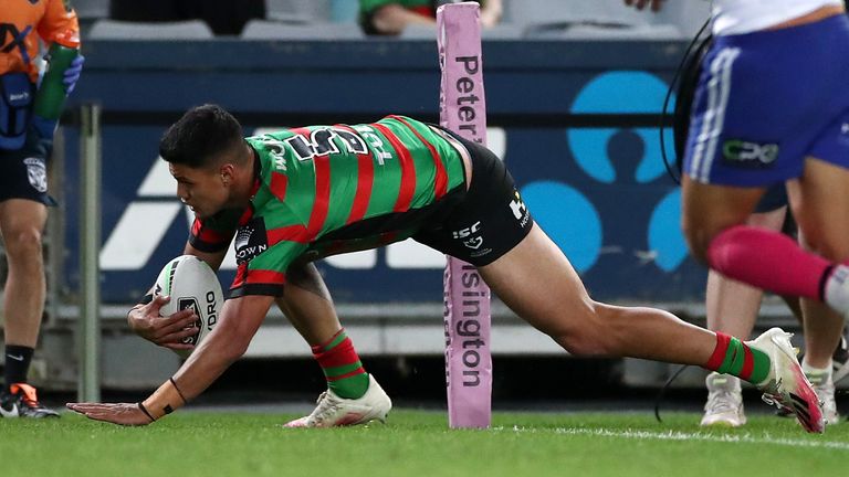 SYDNEY, AUSTRALIA - SEPTEMBER 17: Jaxson Paulo of the Rabbitohs scores a try during the round 19 NRL match between the South Sydney Rabbitohs and the Canterbury Bulldogs at ANZ Stadium on September 17, 2020 in Sydney, Australia. (Photo by Cameron Spencer/Getty Images)