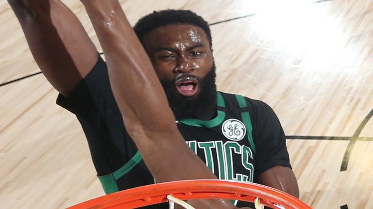 Jaylen Brown rams home a dunk during the Celtics' Game 5 win over the Raptors