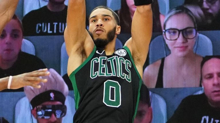 Jayson Tatum fires a three-pointer during the Celtics' Game 1 loss to the Heat