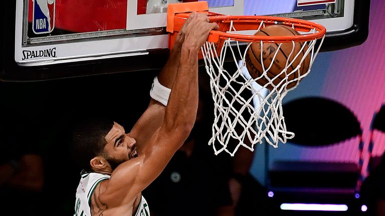 Jayson Tatum of the Boston Celtics dunks the ball during the first quarter against the Toronto Raptors in Game Four of the Eastern Conference semi-finals