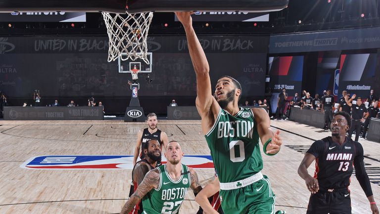 Jayson Tatum of the Boston Celtic drives to the basket against the Miami Heat during Game Four of the Eastern Conference Finals