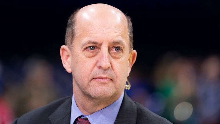 ESPN analyst Jeff Van Gundy looks on prior to the game between the Miami Heat and Philadelphia 76ers