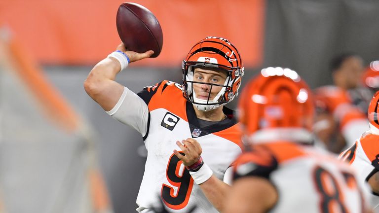 Joe Burrow of the Cincinnati Bengals throws against the Cleveland Browns
