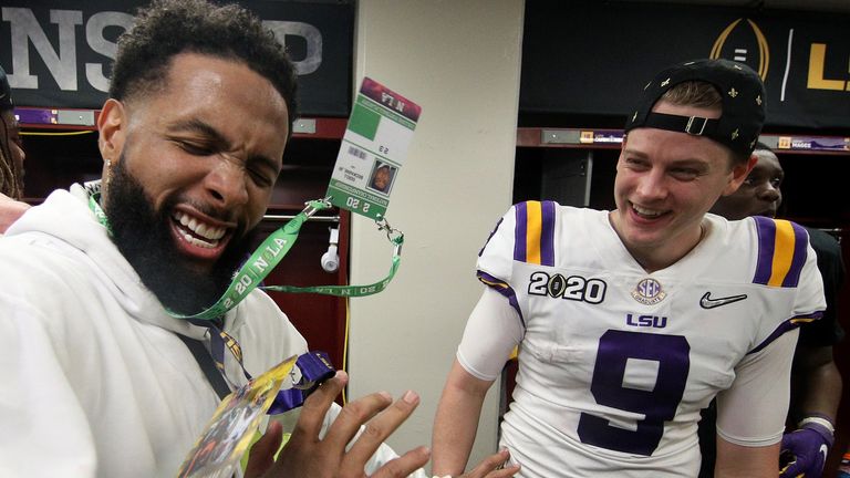 Odell Beckham Jr and Joe Burrow celebrate the LSU national championship win in January