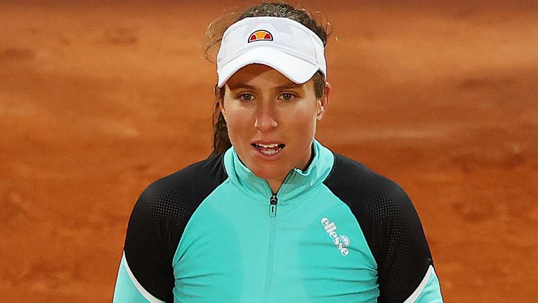 Johanna Konta of Great Britain reacts during her Women's Singles first round match against Cori Gauff of The United States of America during day one of the 2020 French Open at Roland Garros on September 27, 2020 in Paris, France.