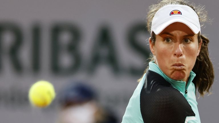 Britain's Johanna Konta plays eyes the ball as she returns the ball to Cori Gauff of the US during their women's singles first round tennis match on Day 1 of The Roland Garros 2020 French Open tennis tournament in Paris on September 27, 2020