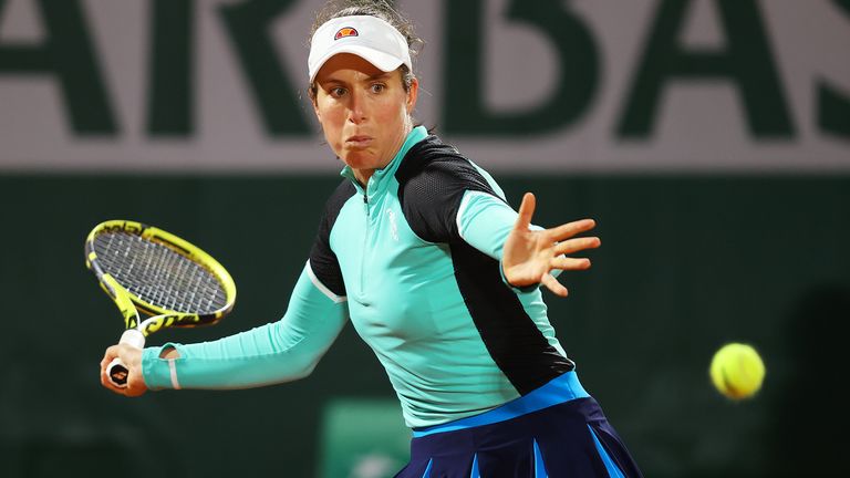 Johanna Konta of Great Britain plays a forehand during her Women's Singles first round match against Cori Gauff of The United States of America during day one of the 2020 French Open at Roland Garros on September 27, 2020 in Paris, France.