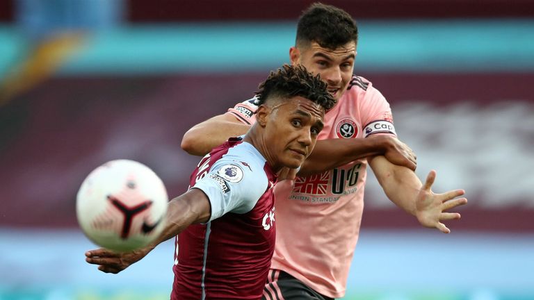 John Egan grapples with Ollie Watkins at Villa Park. The Sheffield United captain was shown a red card for denying Watkins a goalscoring opportunity