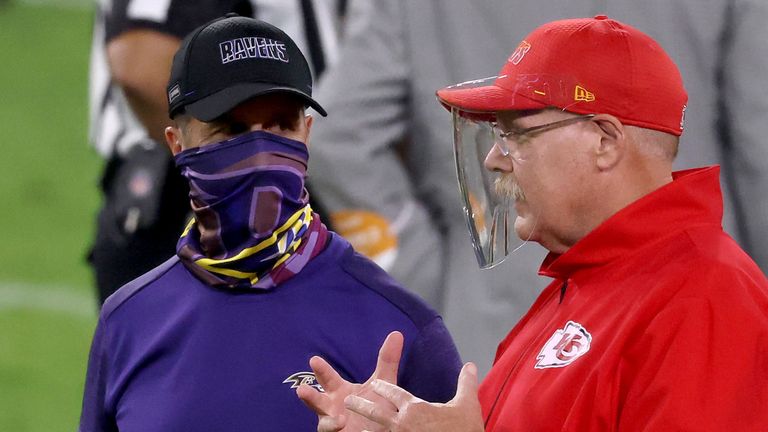 Head coaches John Harbaugh of the Baltimore Ravens and Andy Reid of the Kansas City Chiefs both wore masks during Monday Night's game