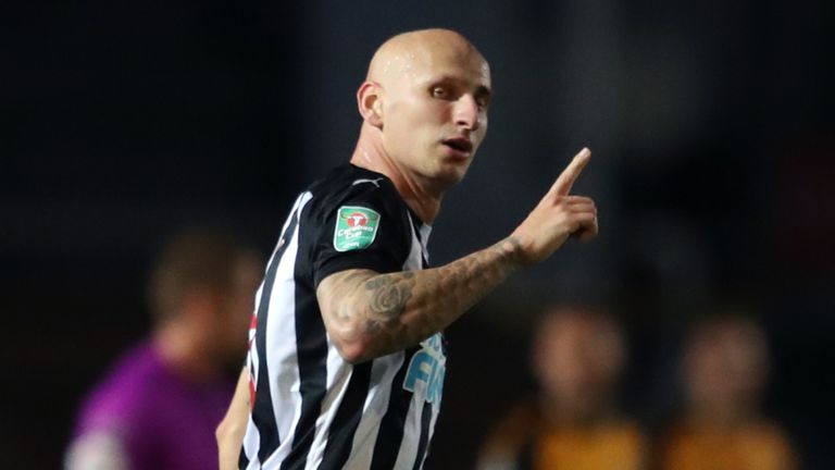 Jonjo Shelvey celebrates after equalising for Newcastle against Newport