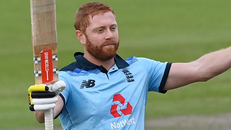 Jonny Bairstow of England celebrates reaching his century during the 3rd Royal London One Day International Series match between England and Australia at Emirates Old Trafford on September 16, 2020 in Manchester, England