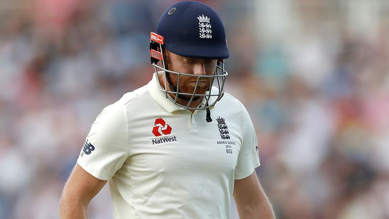Jonny Bairstow of England looks dejected after being dismissed by Mitch Marsh of Australia during day one of the 5th Specsavers Ashes Test at The Kia Oval on September 12, 2019 in London, England