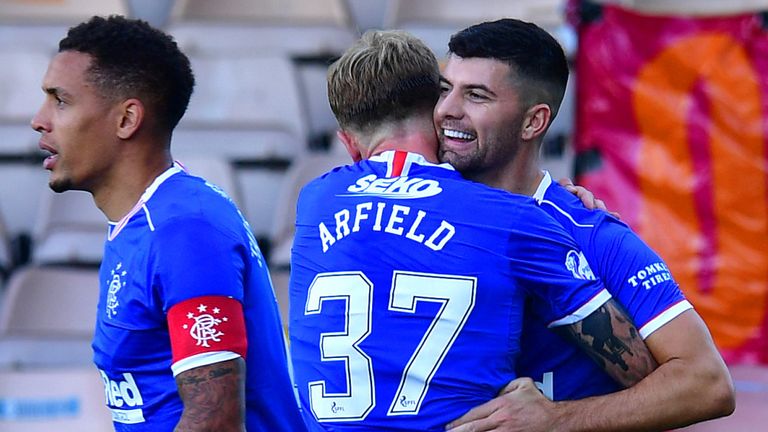 Jordan Jones celebrates with Scott Arfield after doubling Rangers' lead