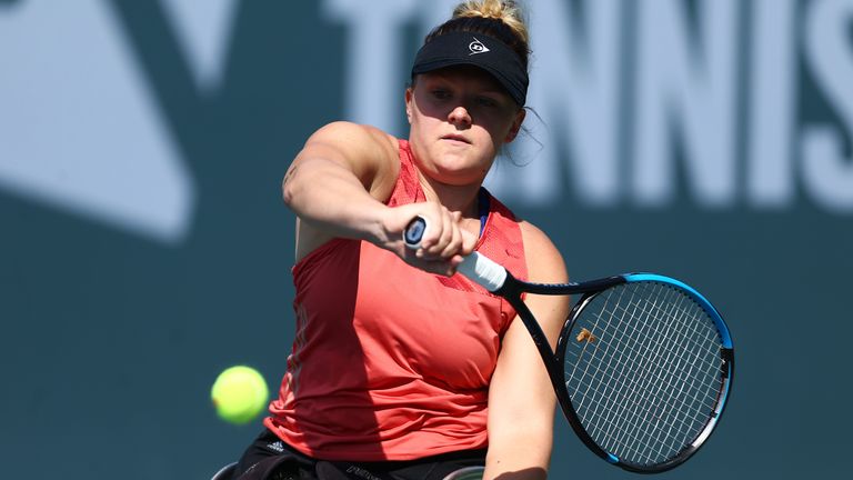  Jordanne Whiley of Great Britain plays a backhand during her match against Lucy Shuker of Great Britain during the LTA Wheelchair Tennis Tournament at the National Tennis Centre