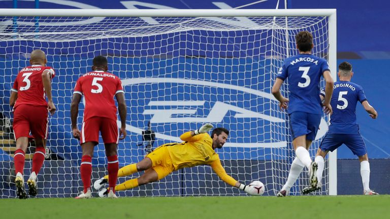 Jorginho sees his penalty saved by Alisson