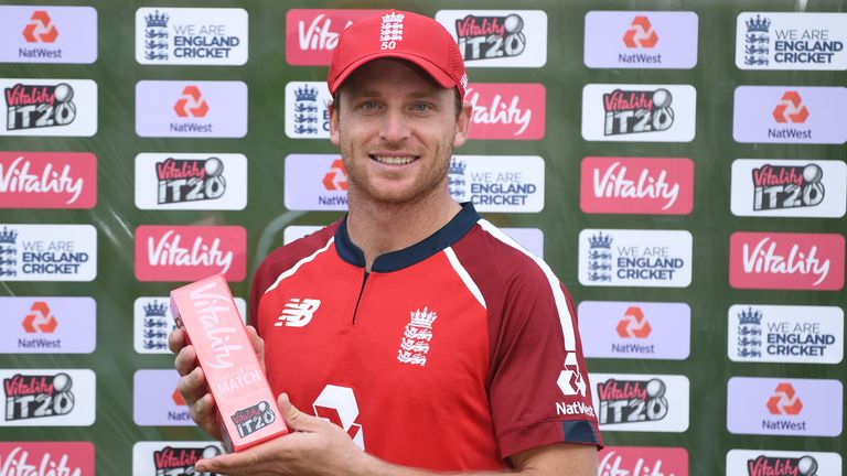 Jos Buttler with his man-of-the-match award after the second T20 international
