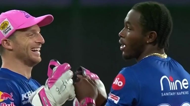 Rajasthan's Jos Buttler celebrates with Jofra Archer after the seamer picks up the wicket of Kolkata's Shubman Gill