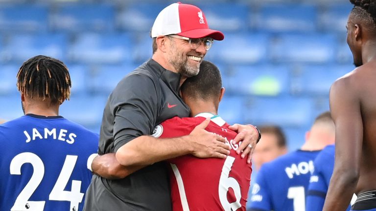 Jurgen Klopp embraces new signing Thiago after Liverpool's 2-0 win over Chelsea