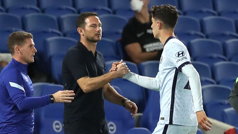 Kai Havertz shakes hands with Frank Lampard as he leaves the pitch