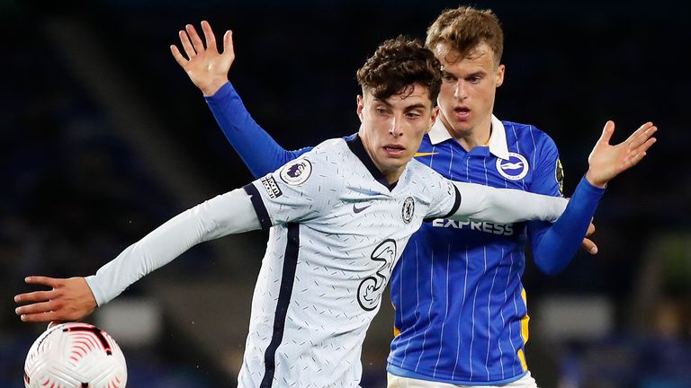Kai Havertz holds off a challenge from Brighton's Solly March