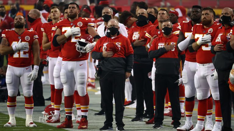 Kansas City remained on the field for the national anthem while the Houston Texans chose to remain in the locker room