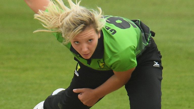 BRISTOL, ENGLAND - AUGUST 31: Katie George of Western Storm in bowling action during the Rachael Heyhoe-Flint Trophy match between Western Storm and Southern Vipers at The County Ground on August 31, 2020 in Bristol, England. 