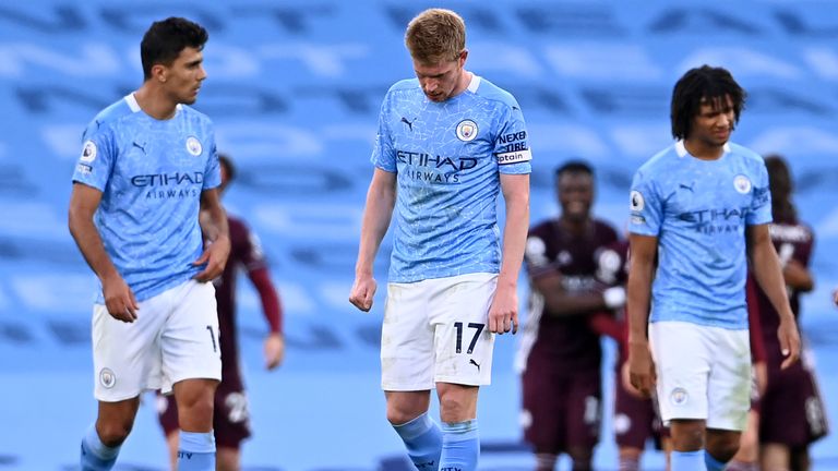 Kevin De Bruyne and his Man City team-mates cut dejected in the 5-2 defeat to Leicester City