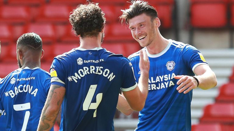 Kieffer Moore of Cardiff City celebrates after scoring his team's second goal against Nottingham Forest