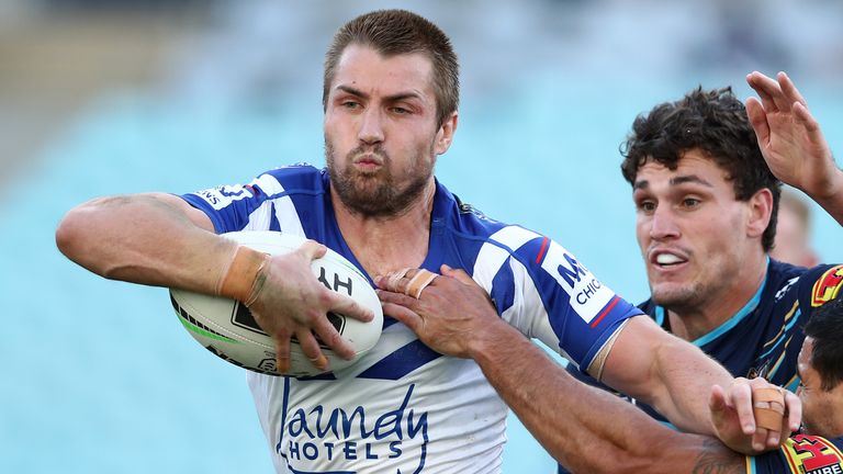 SYDNEY, AUSTRALIA - SEPTEMBER 05: Kieran Foran of the Bulldogs is tackled during the round 17 NRL match between the Canterbury Bulldogs and the Gold Coast Titans at ANZ Stadium on September 05, 2020 in Sydney, Australia. (Photo by Matt King/Getty Images)