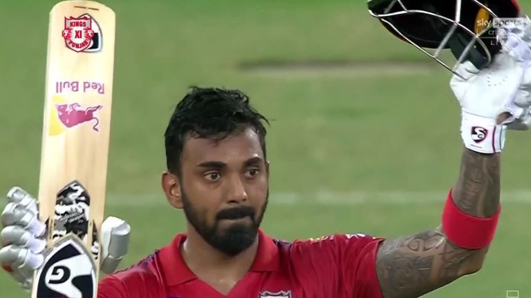 KL Rahul celebrates reaching his second hundred in the Indian Premier League