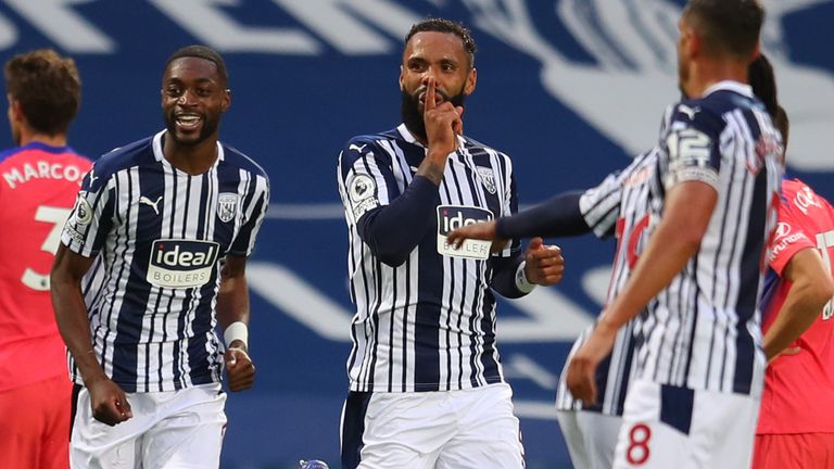 Kyle Bartley celebrates with team-mates after West Brom take a 3-0 lead against Chelsea