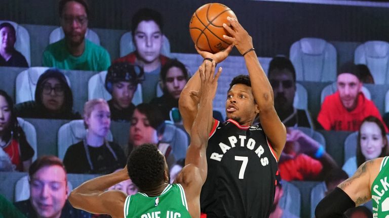 Kyle Lowry of the Toronto Raptors shoots the ball against the Boston Celtics during Round Two, Game Six of the Eastern Conference Semifinals