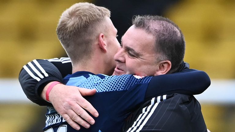  Hamilton goalscorer Kyle Munro celebrates at full time with Academy head coach, George Cairns 