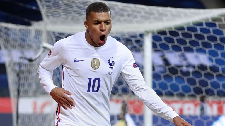 Kylian Mbappe celebrates the winner for France in Sweden