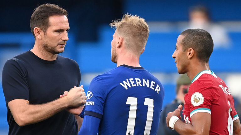 Frank Lampard shakes hands with Timo Werner after Chelsea's defeat to Liverpool