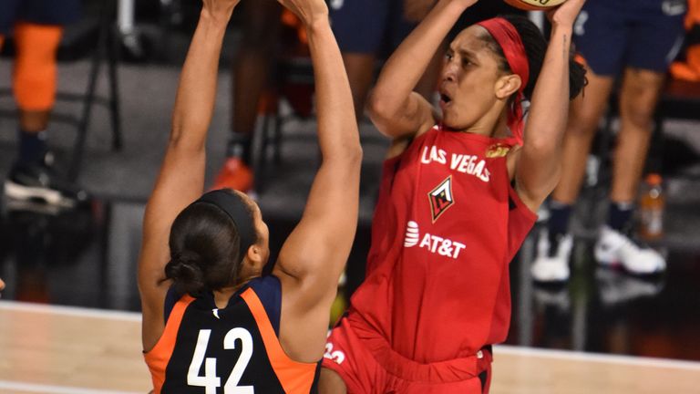 A&#39;ja Wilson of the Las Vegas Aces shoots the ball against the Connecticut Sun in Game 4