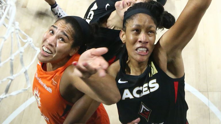 A&#39;ja Wilson grabs a rebound in the Las Vegas Aces&#39; Game 5 win over the Connecticut Sun in Game 5 of the WNBA semi-finals
