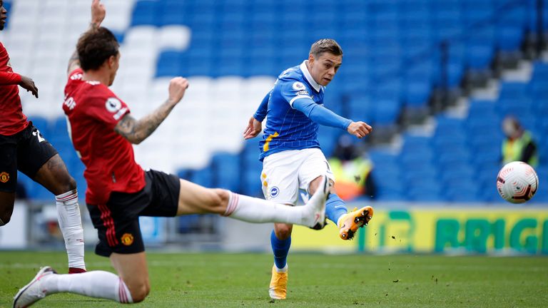 Brighton's Leandro Trossard takes a shot on goal