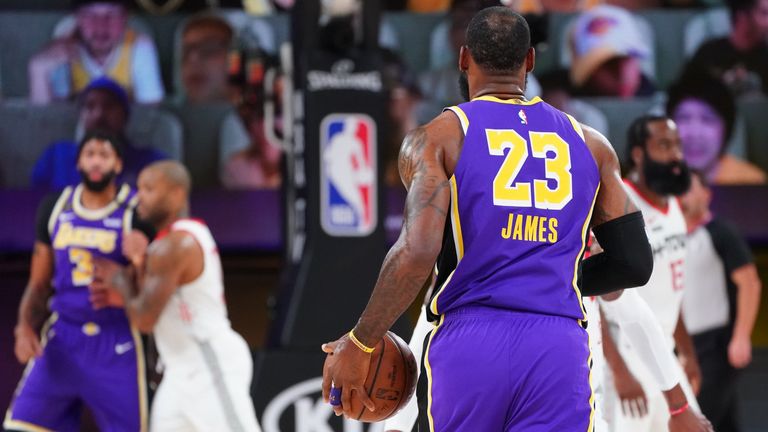 LeBron James of the Los Angeles Lakers brings the ball up court during Game One of the Western Conference Semi-Finals     