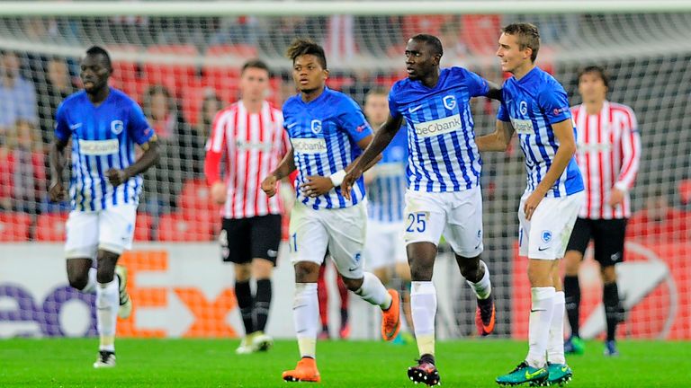 Genk's Nigerian midfielder Wilfred Ndidi (2ndR) is congratulated by teammates Jamaican midfielder Leon Bailey (C) and defender Timothy Castagne (R) after scoring his team's second goal during the Europa League Group F football match Athletic Club de Bilbao vs KRC Genk at the San Mames stadium in Bilbao on November 3, 2016. 