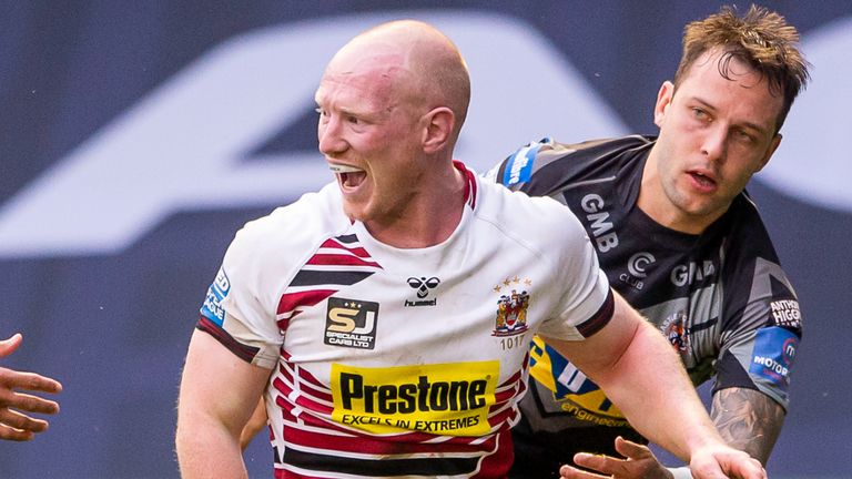 Picture by Allan McKenzie/SWpix.com - 29/08/2020 - Rugby League - Betfred Super League - Wigan Warriors v Castleford Tigers - Halliwell Jones Stadium, Warrington, England - Wigan's Liam Farrell celebrates scoring a try against Castleford.