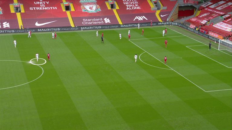 Luke Ayling (circled) man-marks Sadio Mane at the Liverpool throw-in