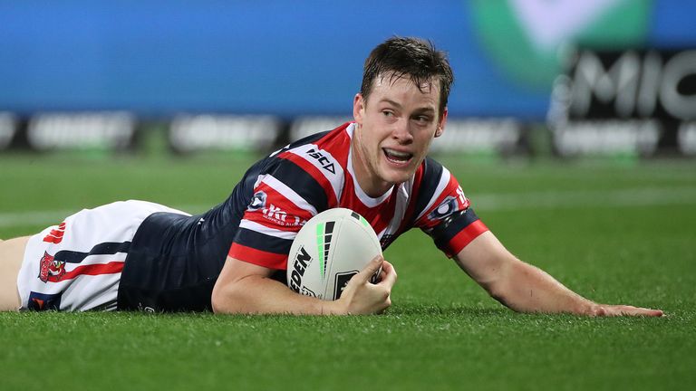 SYDNEY, AUSTRALIA - SEPTEMBER 12: Luke Keary of the Roosters scores a try during the round 18 NRL match between the Sydney Roosters and the Newcastle Knights at the Sydney Cricket Ground on September 12, 2020 in Sydney, Australia. (Photo by Cameron Spencer/Getty Images)
