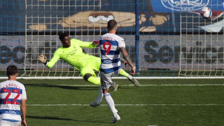 Lyndon Dykes scores from the penalty spot for QPR against Nottingham Forest